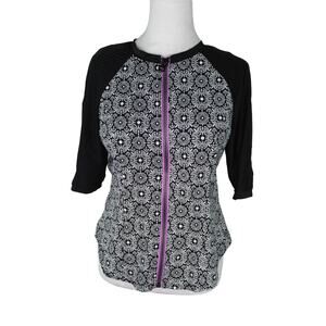 fit 4u Fit 4 All Swim Top Separates Black White Floral Full Zip Half Sleeve 12